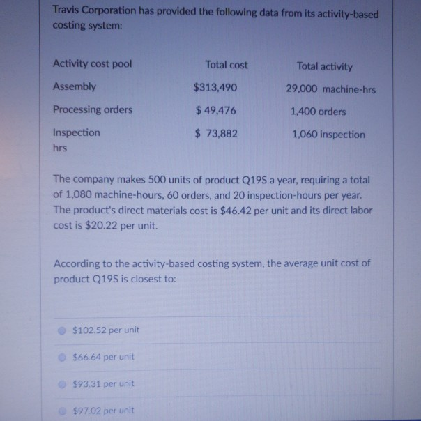  Travis Corporation has provided the following data from its activity-based costing