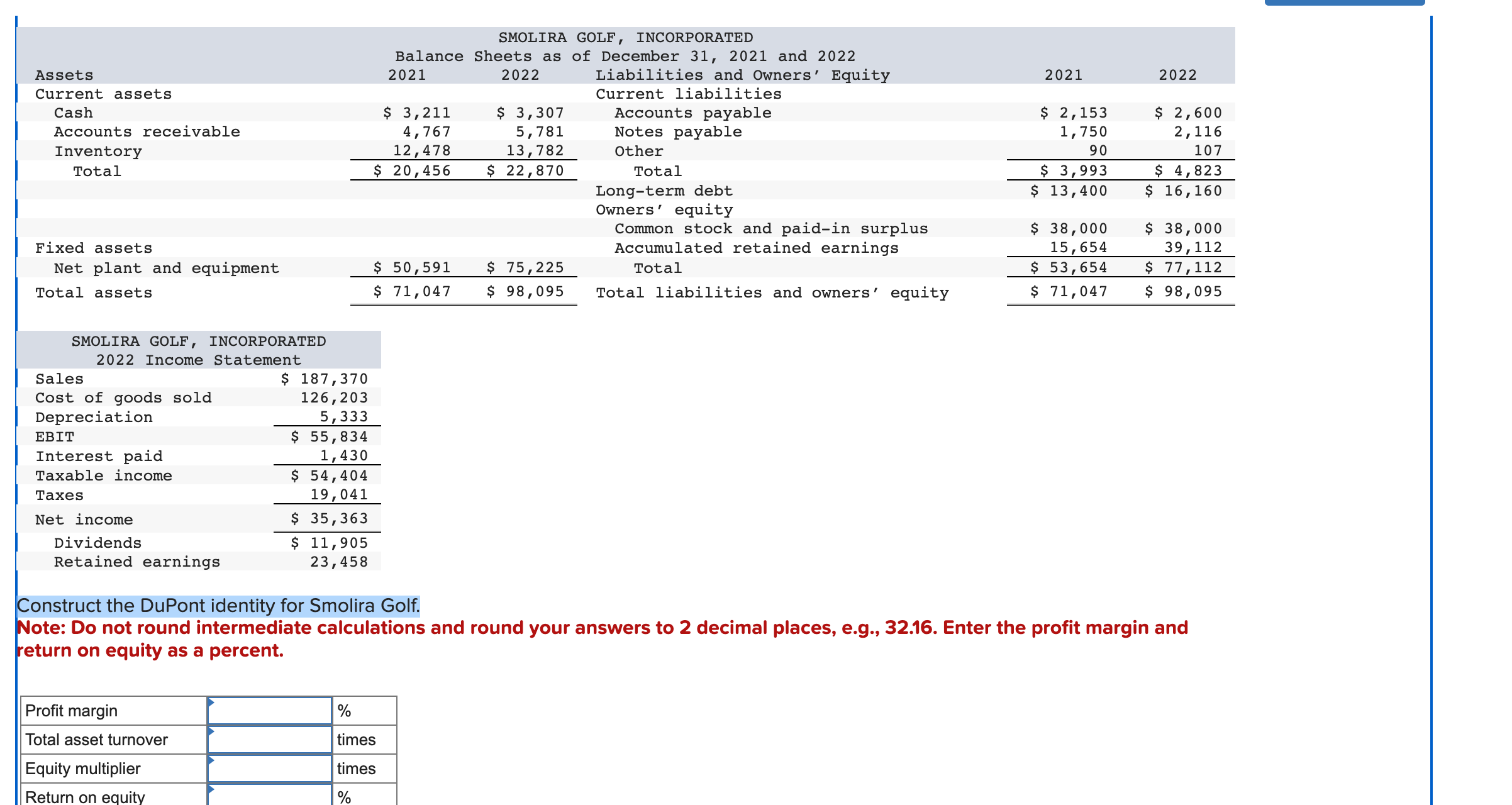 Construct the DuPont identity for Smolira Golf. Note: Do not round
