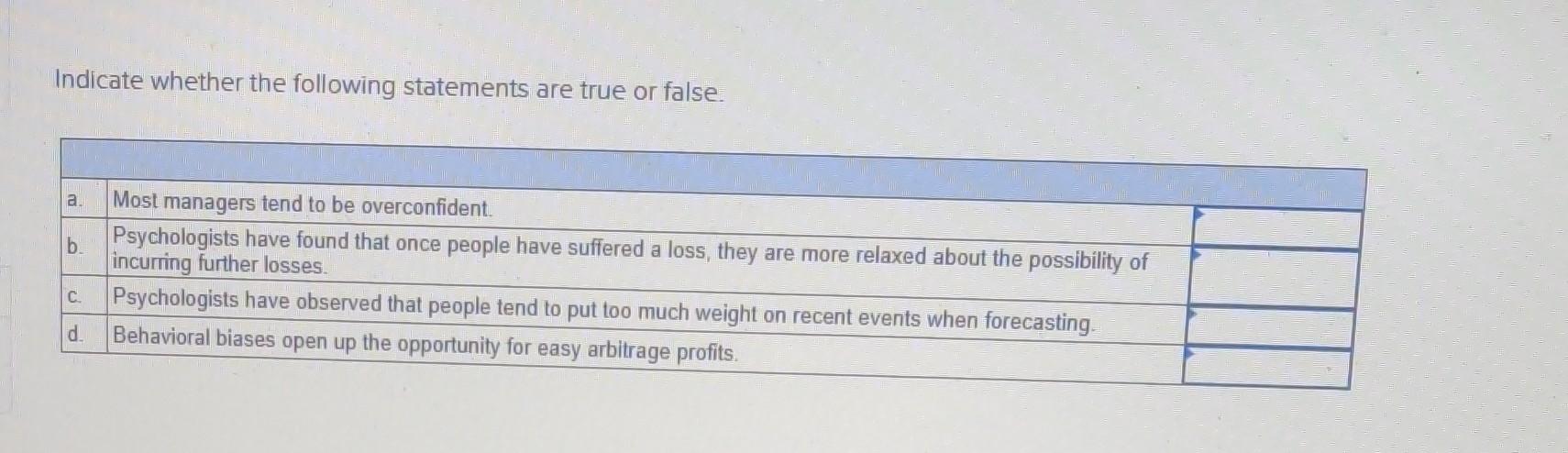 Indicate whether the following statements are true or false- a. b. d