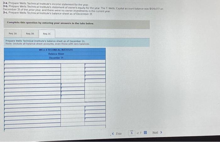 3c. Prepare Wells Technical institute's balance sheet as of December 31 .