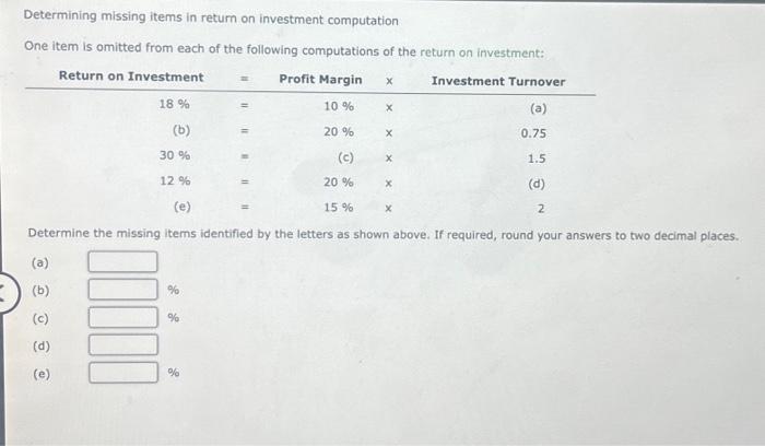  Determining missing items in return on investment computation One item is