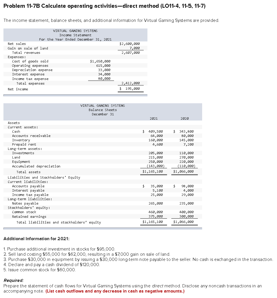 Problem 11-7B Calculate operating activities-direct method (LO11-4, 11-5, 11-7) The income