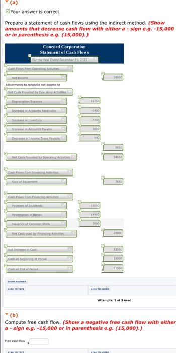 below are the financial statements of Concord Corporation. Concord Corporation Comparative Balance
