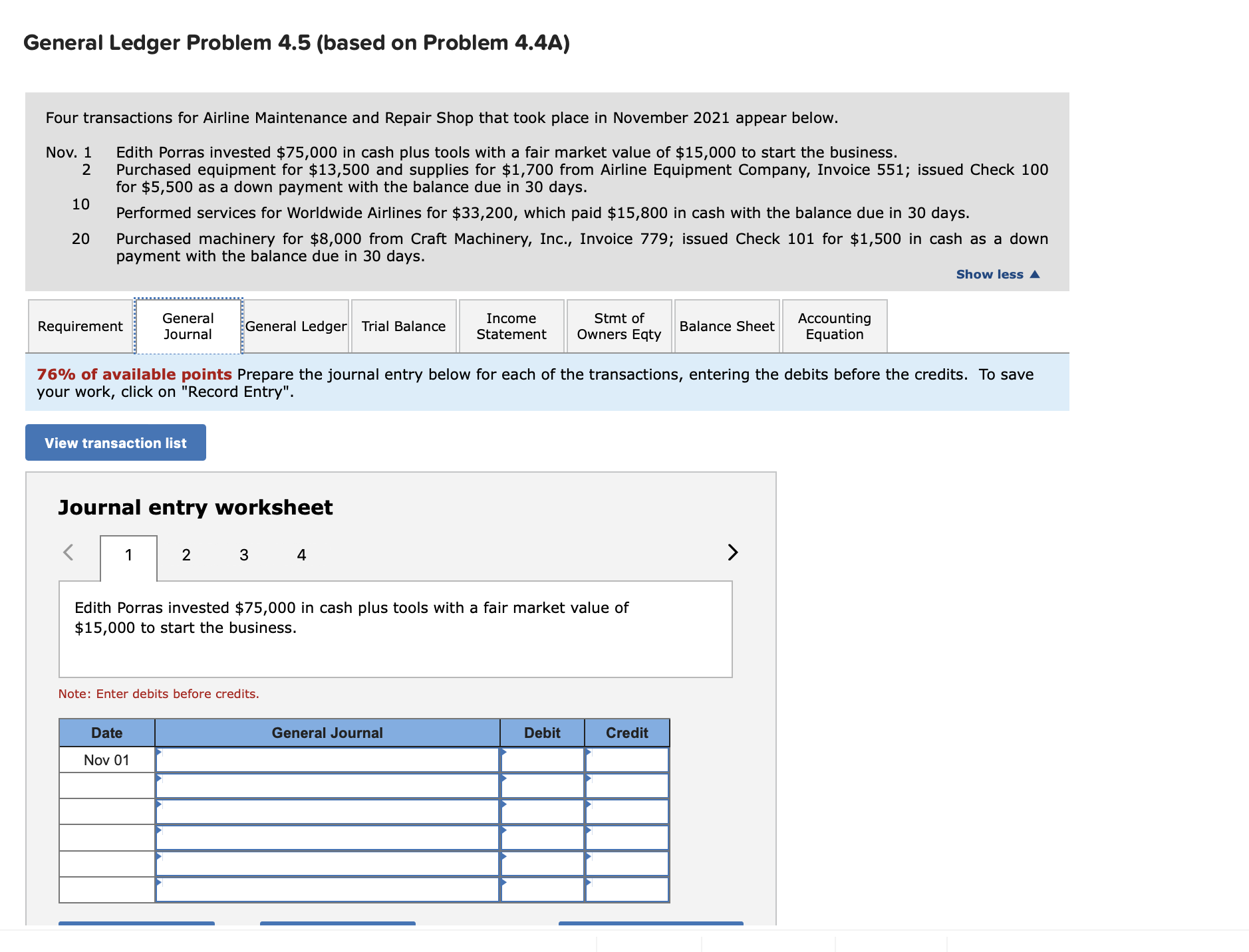 General Ledger Problem 4.5 (based on Problem 4.4A) Four transactions for