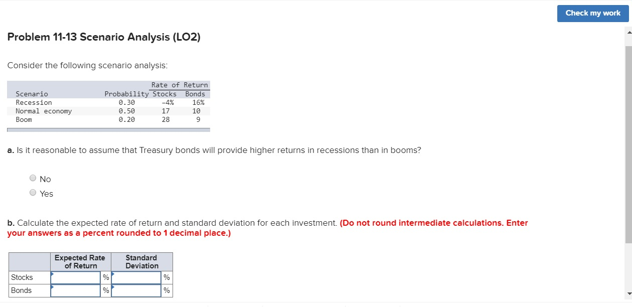 Check my work Problem 11-13 Scenario Analysis (LO2) Consider the following