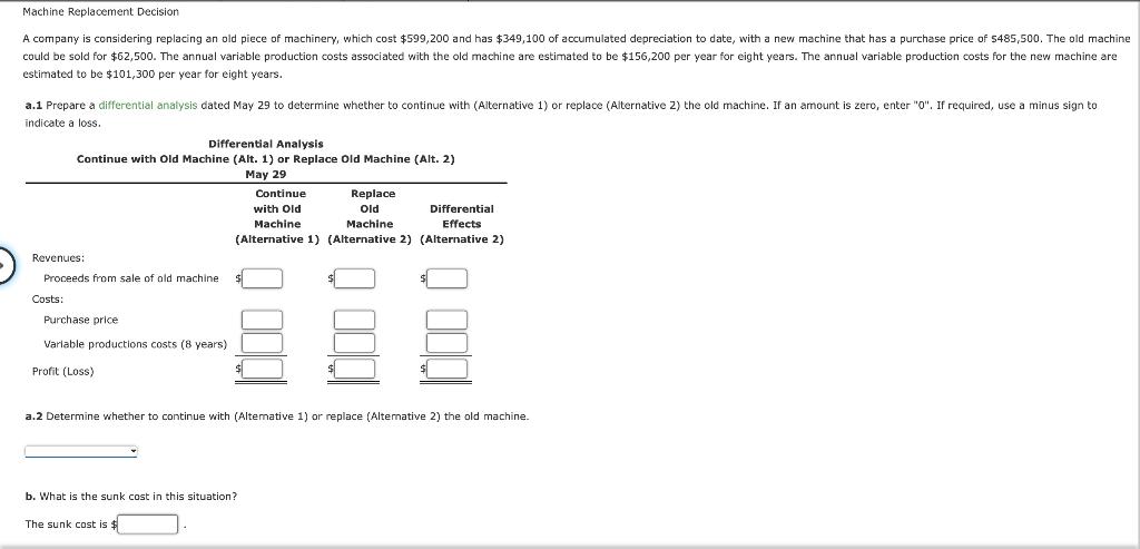Machine Replacement Decision A company is considering replacing an old piece of