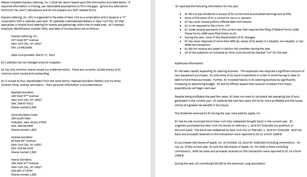 Please assist Express Catering, Inc.'s 2018 tax return based upon the information