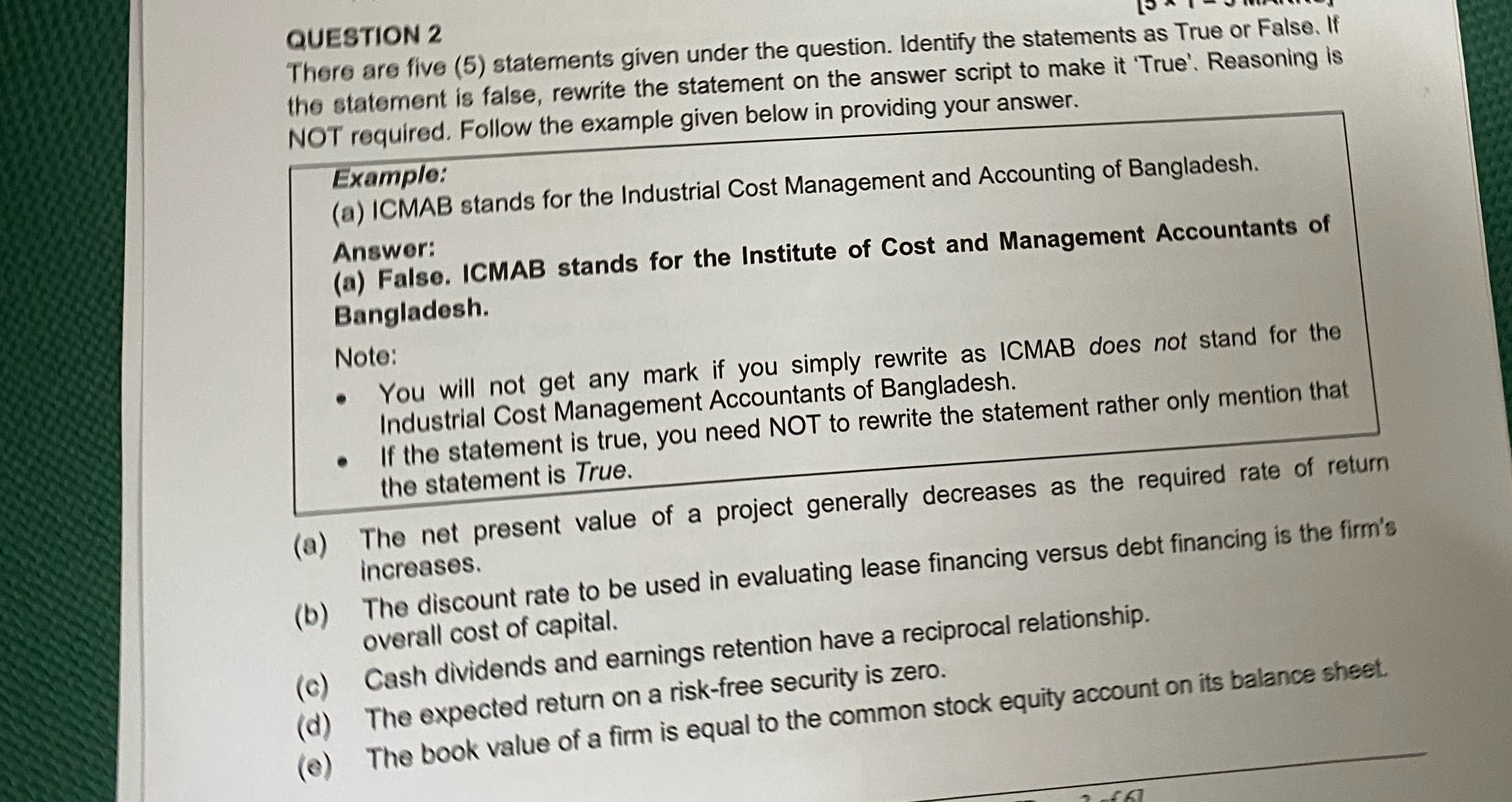  QUESTION 2 There are five (5) statements given under the question.