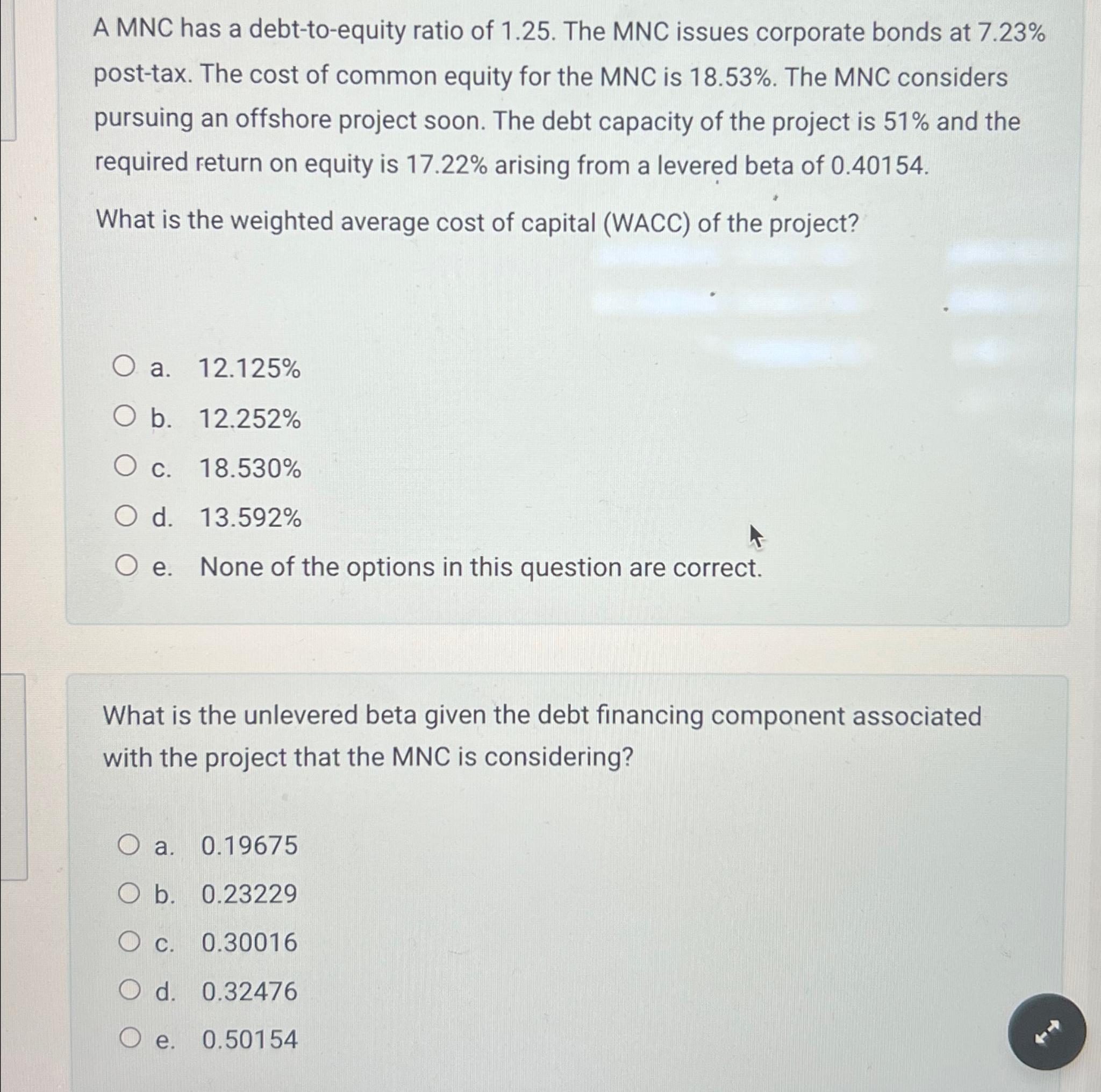  A MNC has a debt-to-equity ratio of 1.25. The MNC issues