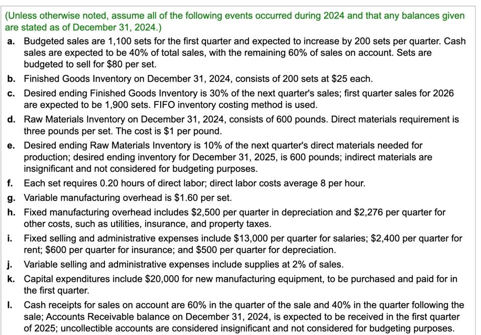 sales budget, production budget, direct materials budget, direct labor budget, manufacturing overhead