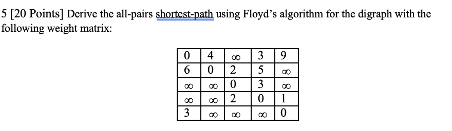  5 [20 Points) Derive the all-pairs shortest-path using Floyd's algorithm for
