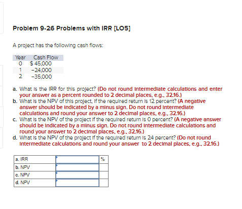 Problem 9.26 Problems with IRR [LO5] A project has the following
