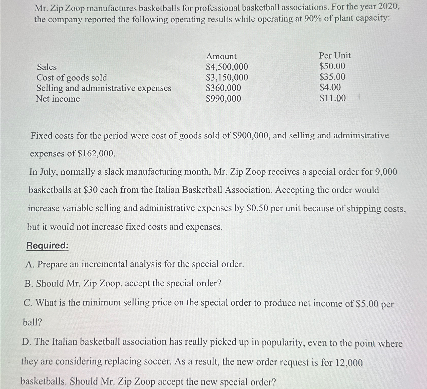 Mr. Zip Zoop manufactures basketballs for professional basketball associations. For the year