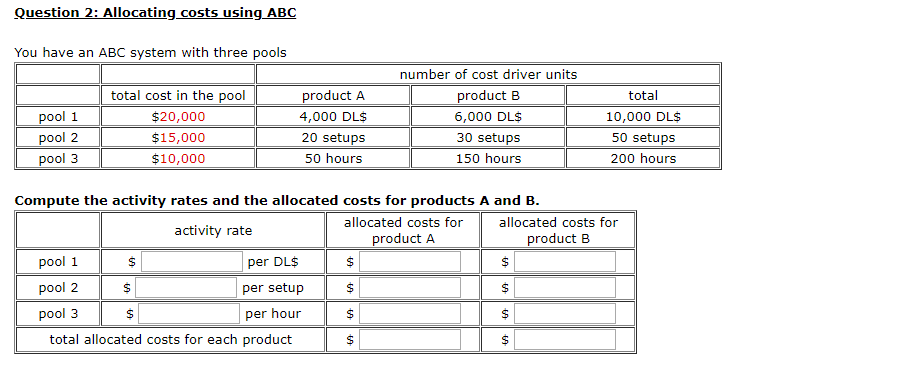  Question Allocating costs using ABC You have an ABC system with