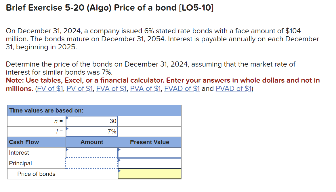  Brief Exercise 5-20(Algo) Price of a bond [L05-10] On December 31,2024,