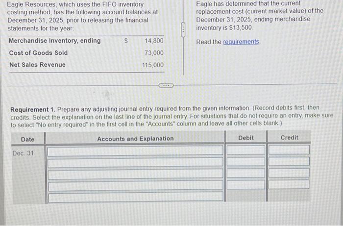  Eagle Resources, which uses the FIFO inventory costing method, has the
