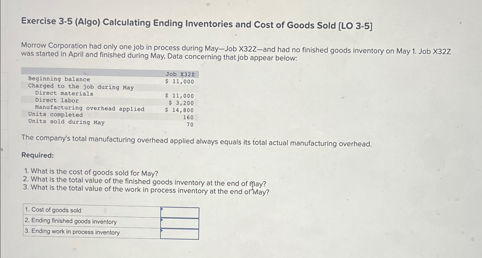  Exercise 3-5(Algo) Calculating Ending Inventories and Cost of Goods Sold [LO