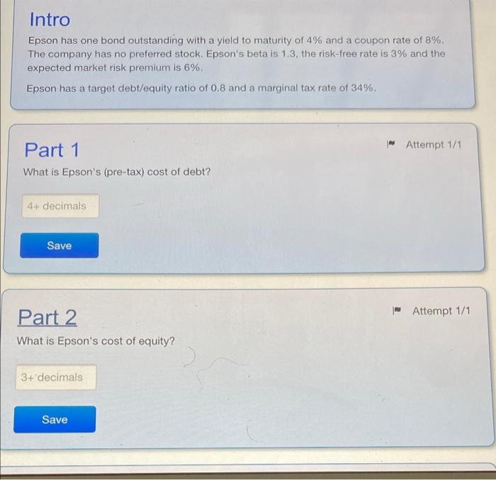  Intro Epson has one bond outstanding with a yield to maturity