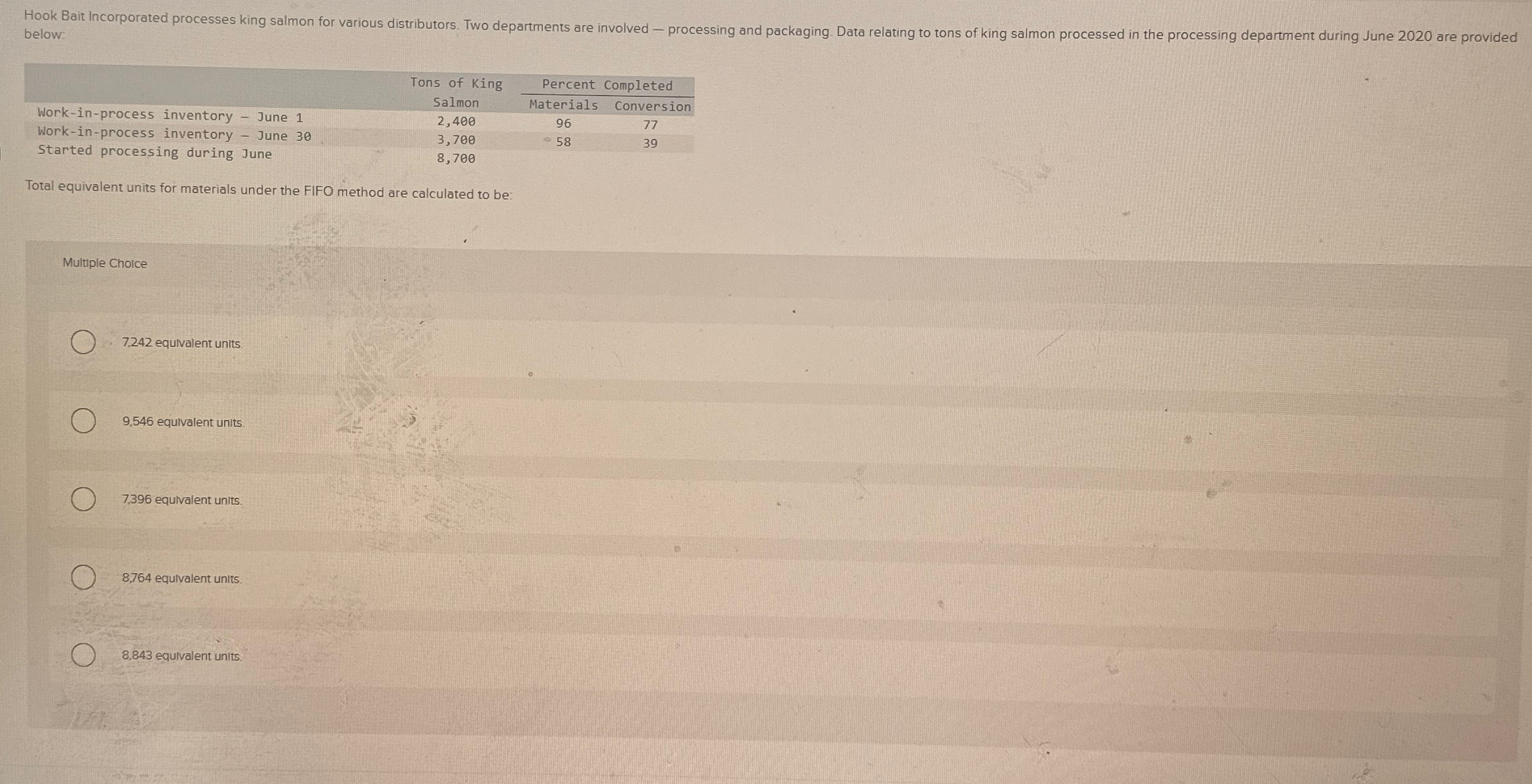  below: \table[[,Tons of King,Percent Completed],[Work-in-process inventory - June 1,Salmon,Materials,Conversion],[Work-in-process inventory -