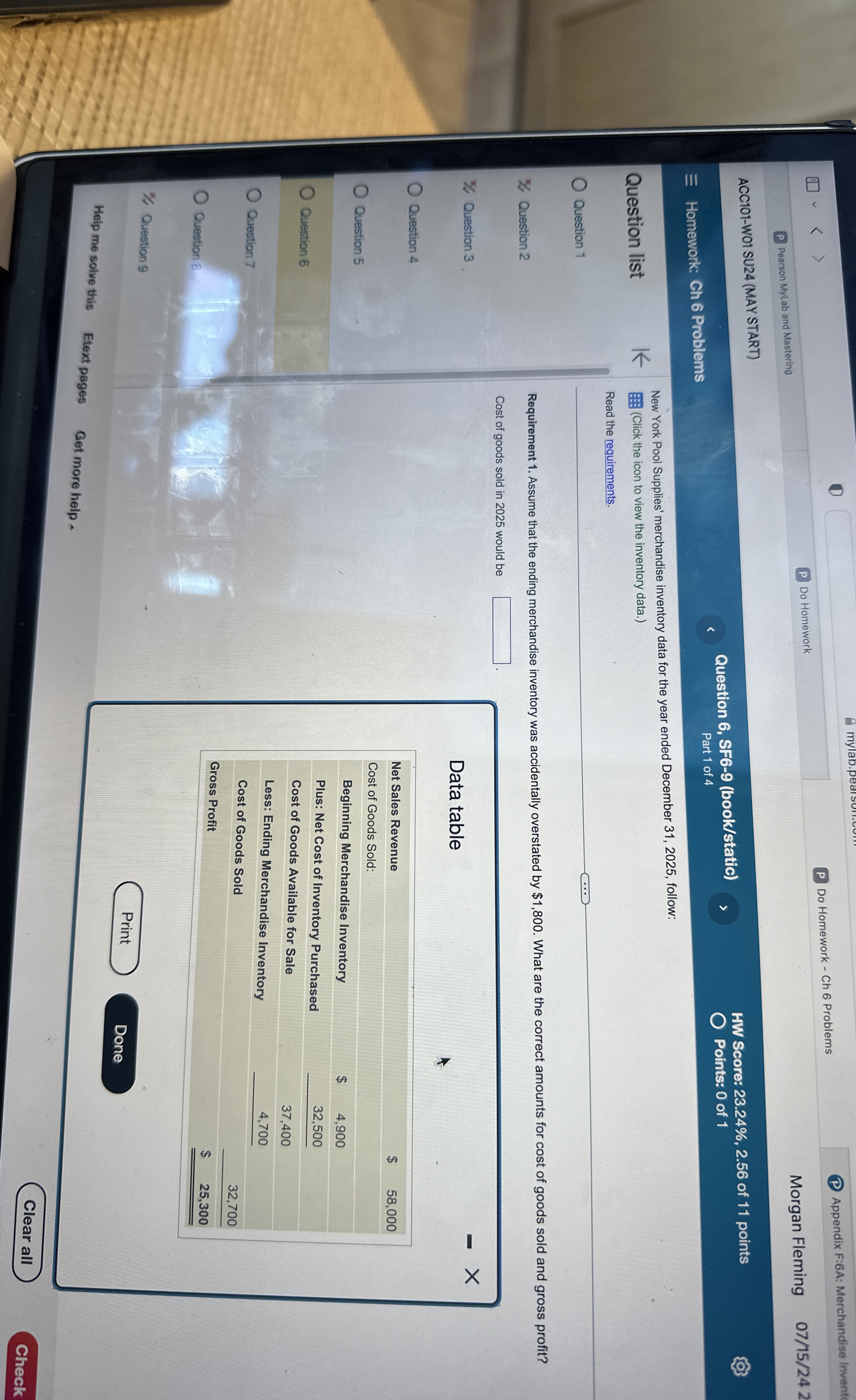  ACC101-W01 SU24(MAY START) Do Homework Do Homework - Ch 6 Problems