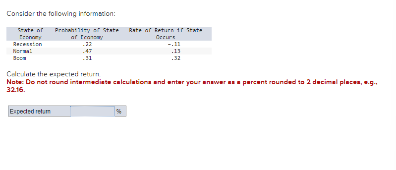  Consider the following information: Calculate the expected return. Note: Do not