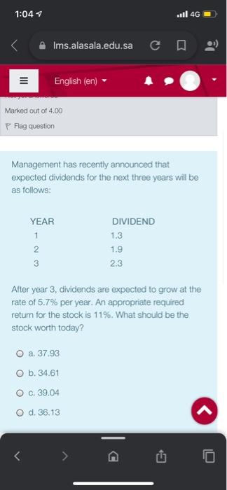 1:04 q lms.alasala.edu.sa English (en) Mari03d out ot 4,00 V' Flag CLRstion