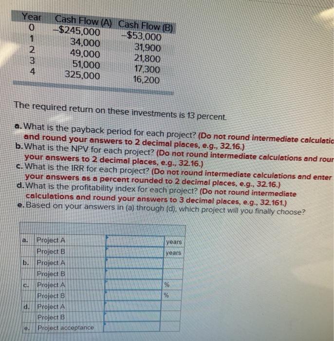  Year 1 2 3 Cash Flow (A) Cash Flow (B) -$245,000