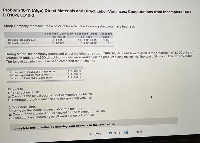  Problem 10-11 (Algo) Direct Materials and Direct Labor Variances; Computations from