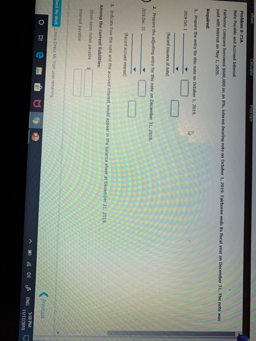  6500k Calculator Print tem Problem 8-75A Note Payable and Accrued Interest