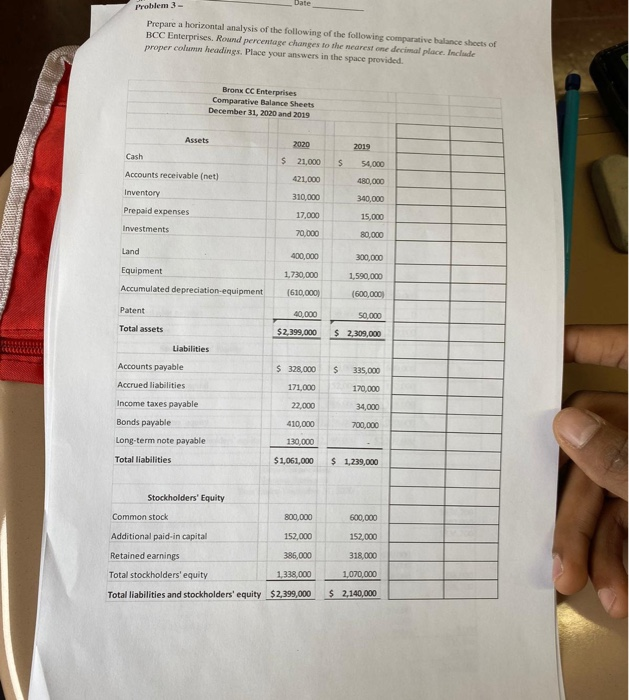  Date Problem 3- Prepare a horizontal analysis of the following of