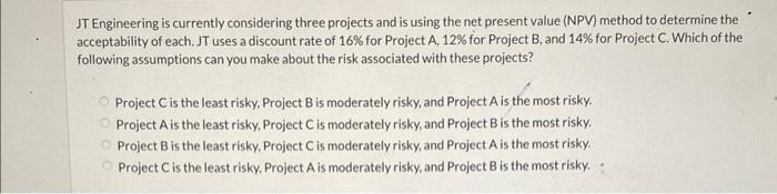  JT Engineering is currently considering three projects and is using the