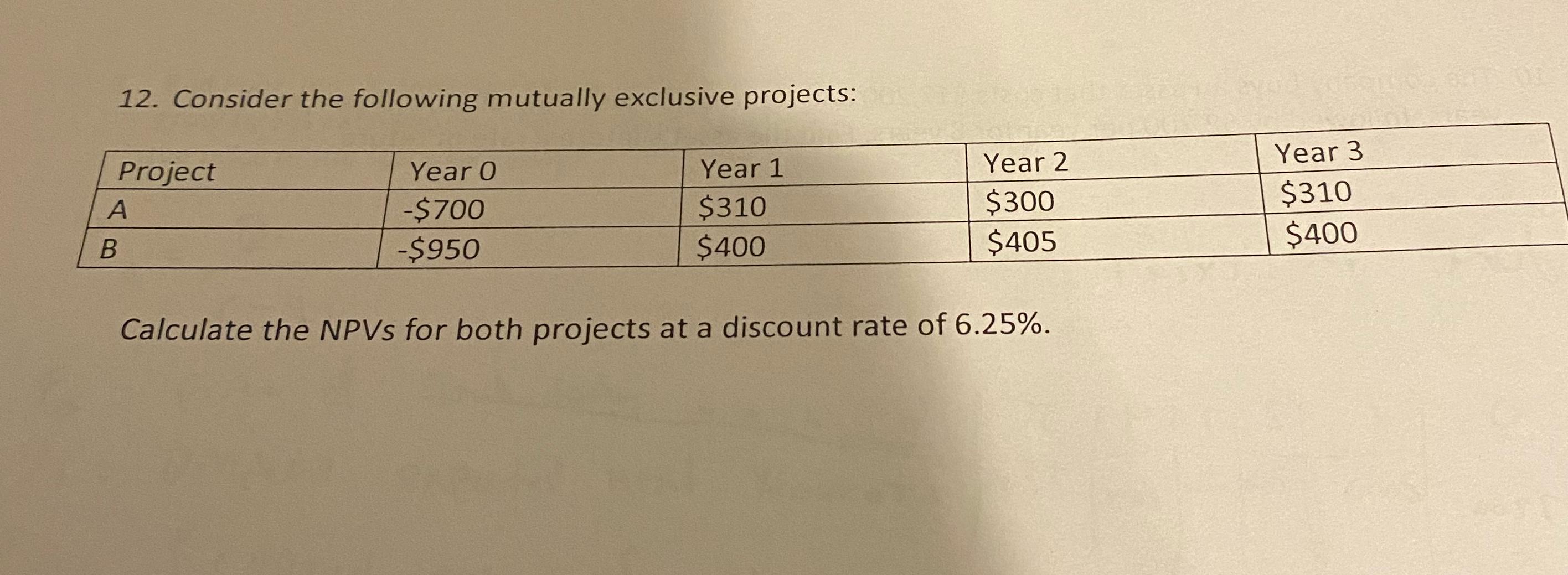  Consider the following mutually exclusive projects: \table[[Project,Year O,Year 1,Year 2,Year 3],[A,-$700,$310,$300,$310