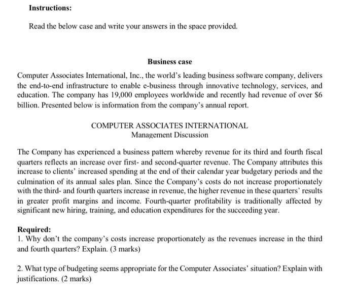  Read the below case and write your answers in the space