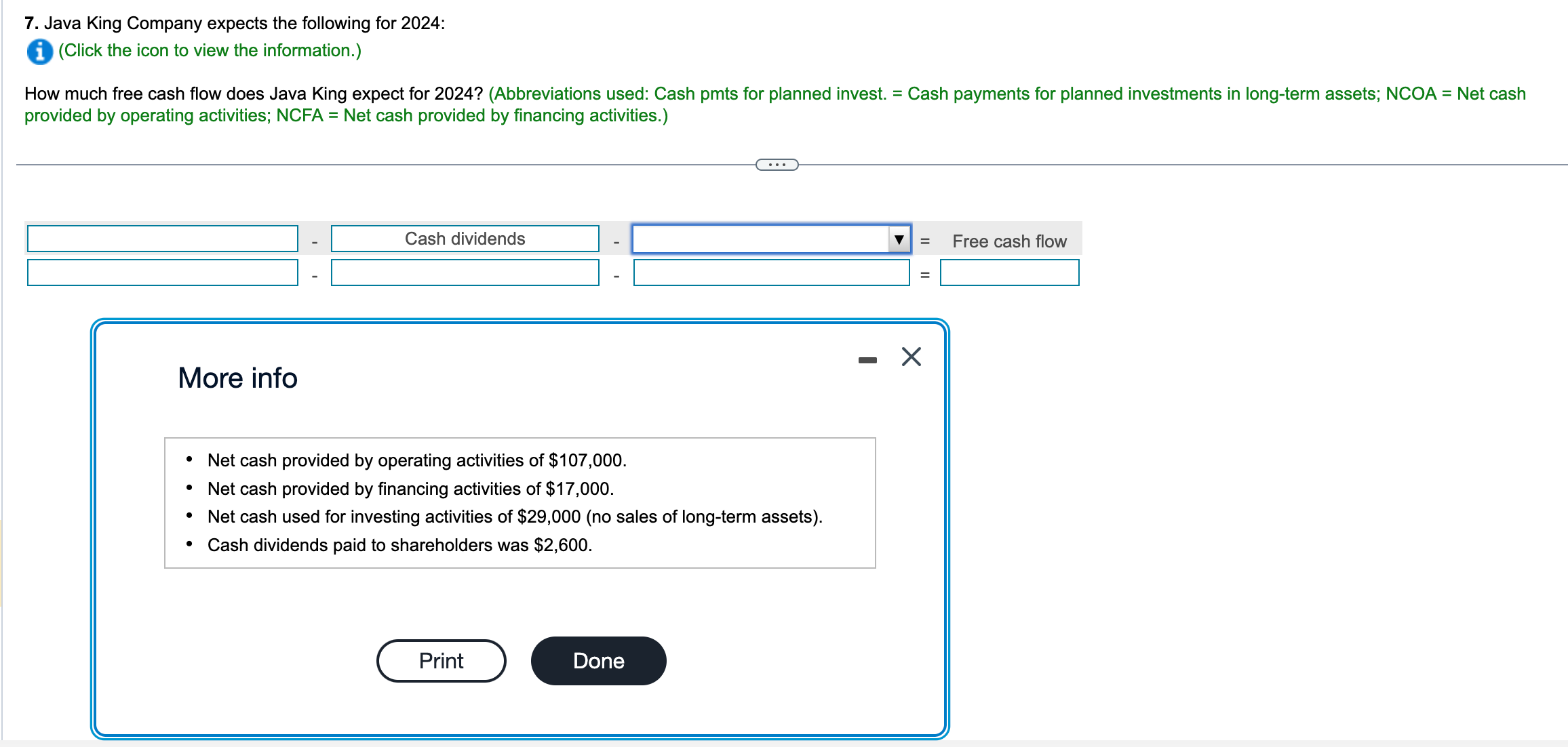 7. Java King Company expects the following for 2024 : (Click