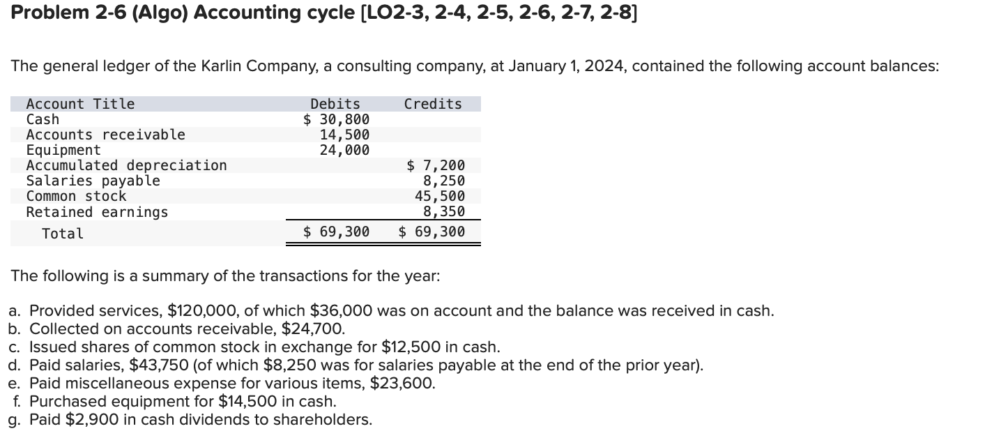 Please solve all journal entries Problem 2-6 (Algo) Accounting cycle [LO2-3,
