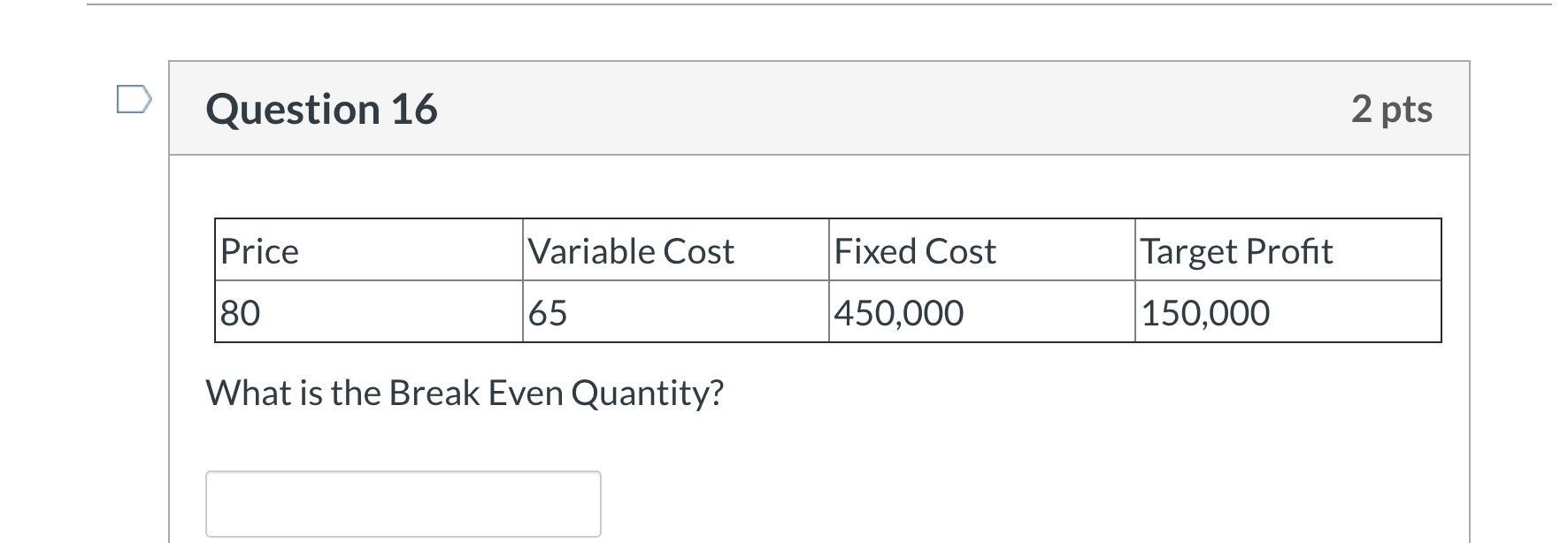 Question 16 2 pts Price Variable Cost Fixed Cost Target Profit