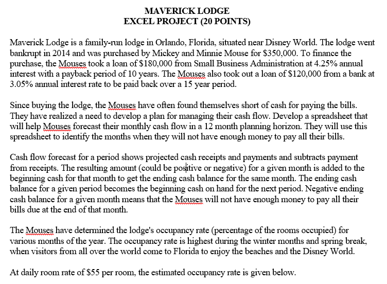  -----Please write down the formulas------ MAVERICK LODGE EXCEL PROJECT (20 POINTS)