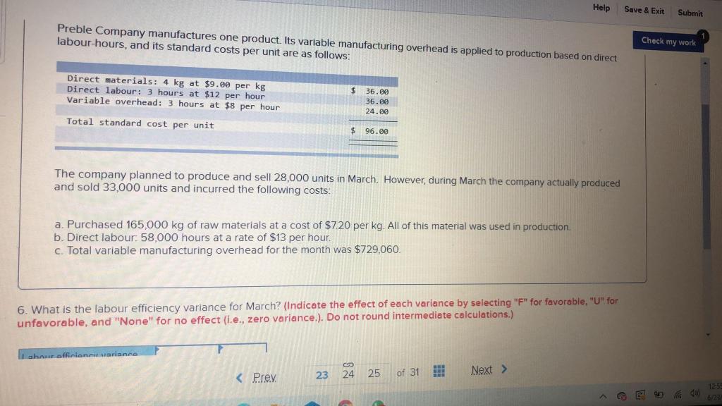 Direct materials: 4 kg at $9.00 per kg Direct labour: 3 hours