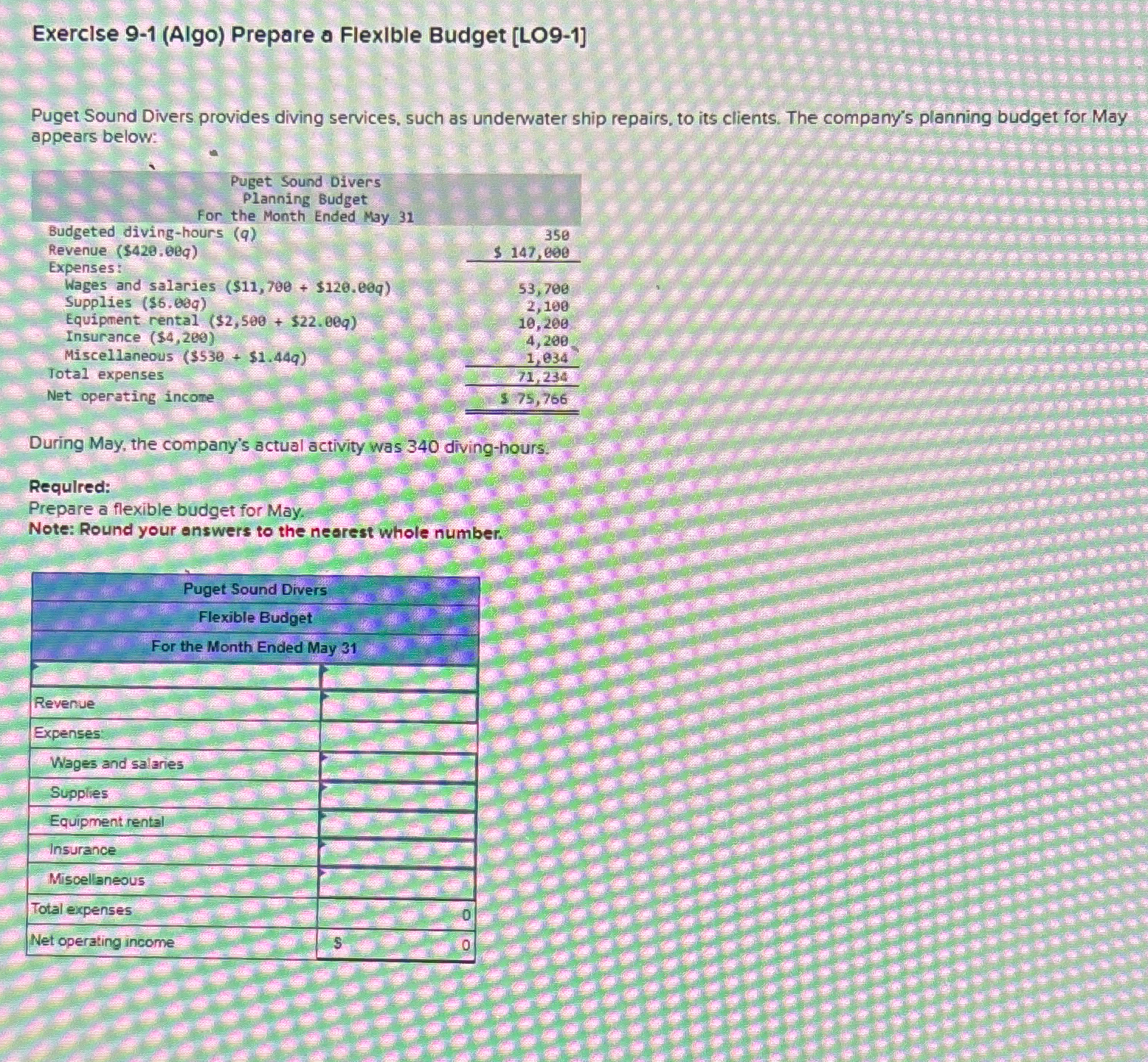  Exerclse 9-1(Algo) Prepare a Flexlble Budget [LO9-1] Puget Sound Divers provides