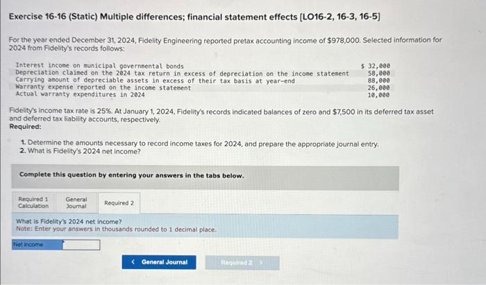 2024 from Fidelity's records follows: Interest income on municipal governmental bonds Depreciationclainedonthe2024taxreturninexcessofdepreciationontheincomestatenentCarryingamountofdepreciableassetsinexcessoftheirtaxbasisatyear-endWarrantyexpensereportedontheincomestatementActual53,00088,00026,00010,000