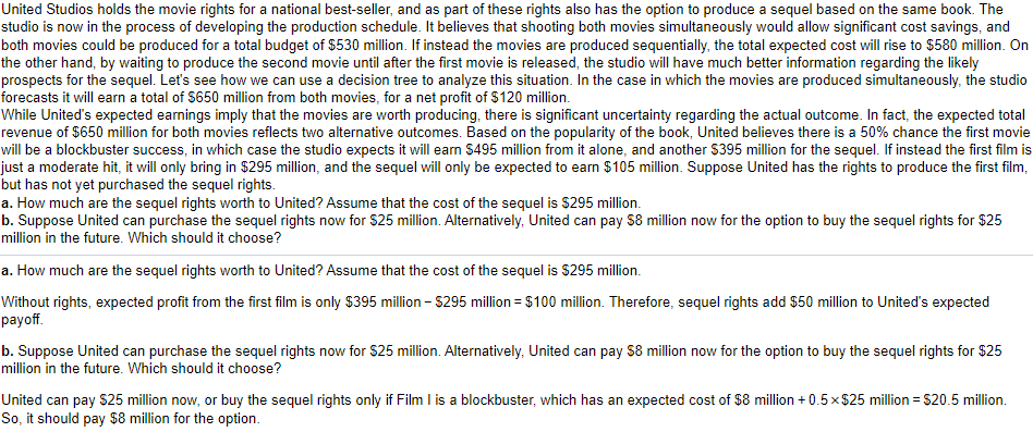 Please create a decision tree and show work. United Studios holds the