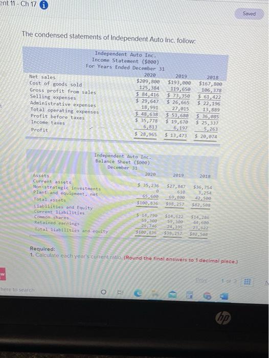  ent 11 - Ch 17 0 Saved The condensed statements of
