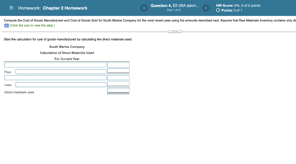  = Homework: Chapter 2 Homework Question 4, E2-26A (simil... Part 1