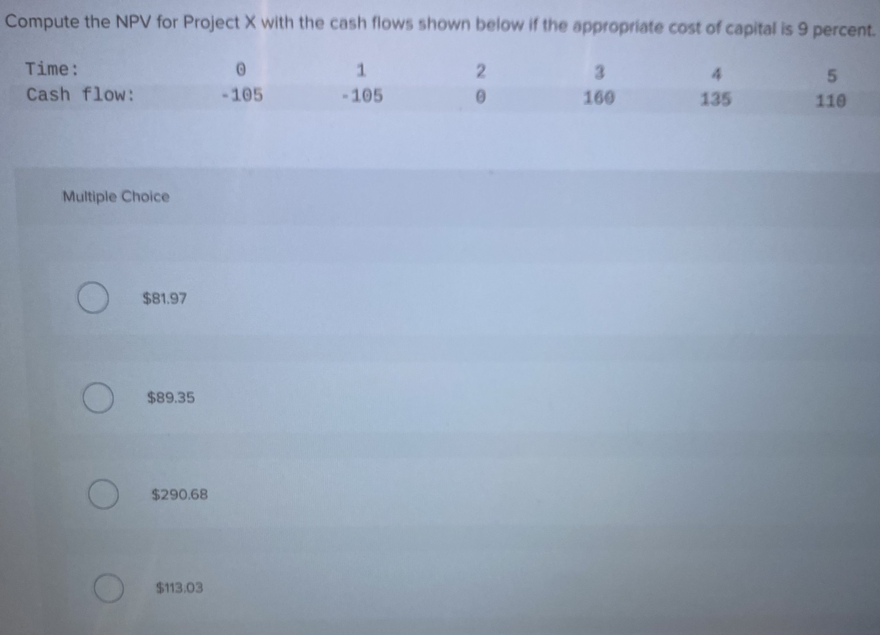  Compute the NPV for Project x with the cash flows shown