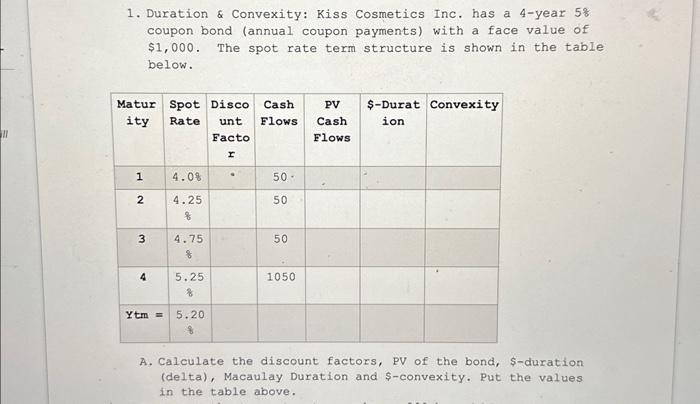  plesse help answer A-E 1. Duration \& Convexity: Kiss Cosmetics Inc.