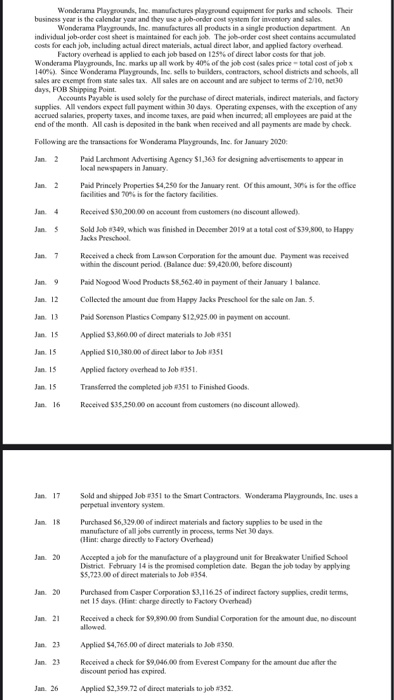 Record the transactions for Wonderama Playgrounds, Inc. in the general journal. You