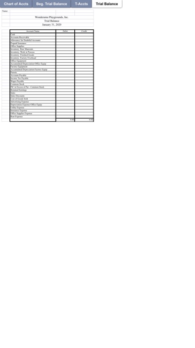 the chart of accounts in the Excel file provided for a list