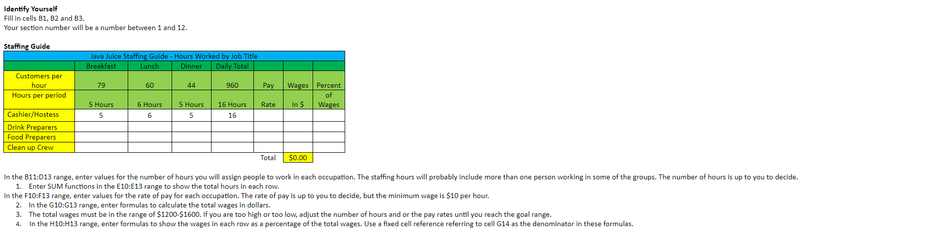  Identify Yourself Fill in cells B1, B2 and B3. Your section