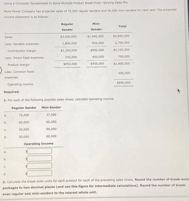  Please Help Using a Computer Spreadsheet to Solve Multiple-Product Break-Even: Varying