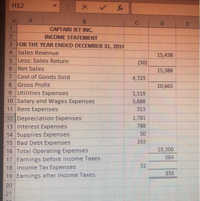 calculate retained earnings & balance sheet H12 C D E ON 15,438